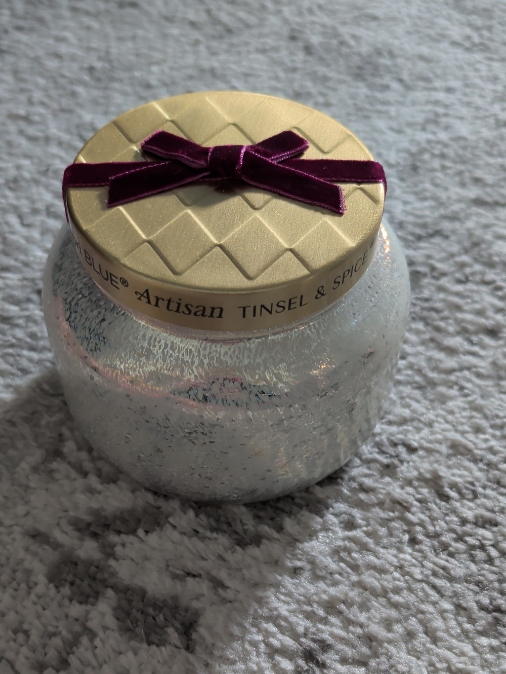Capri Blue Tinsel & Spice Scented Candle - Gold Lid with Plum Bow